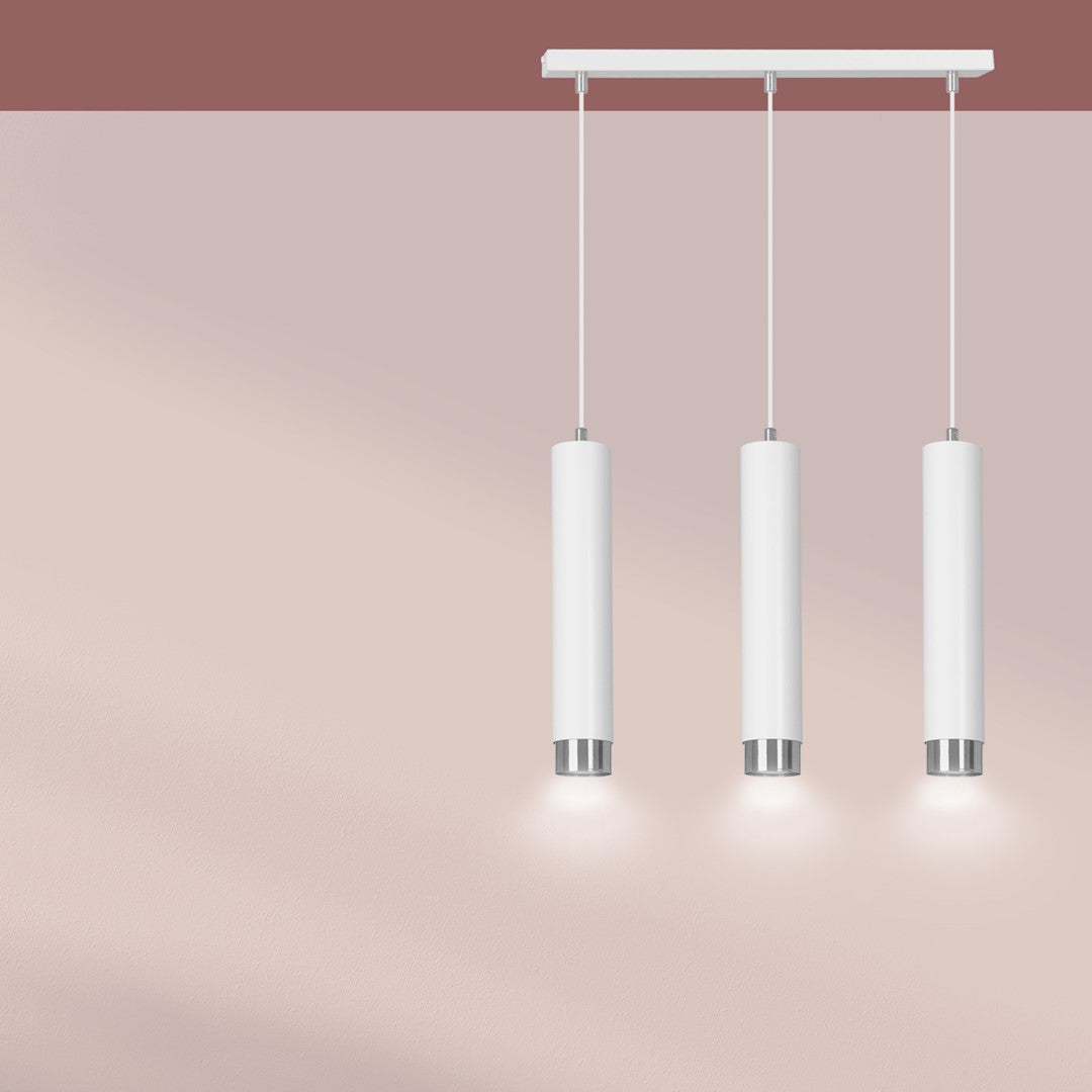 Hanglamp gepoedercoat staal modern Kibo wit met chroom, 3 lichtpunten, 45 x 100 cm, eettafel keuken