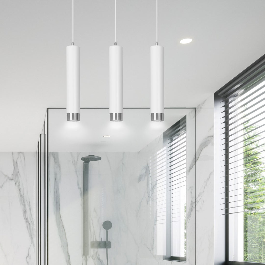 Hanglamp gepoedercoat staal modern Kibo wit met chroom, 3 lichtpunten, 45 x 100 cm, eettafel keuken