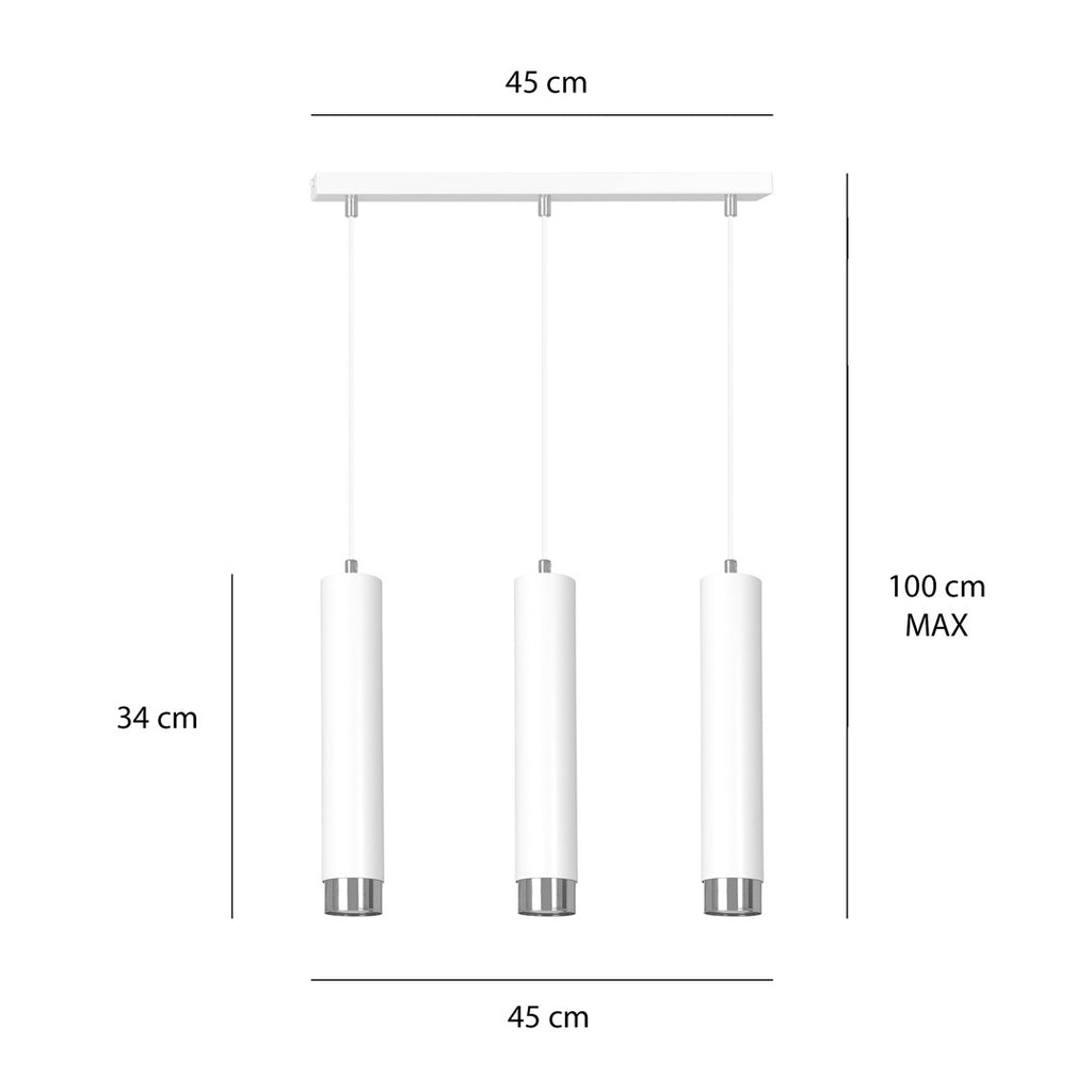 Hanglamp gepoedercoat staal modern Kibo wit met chroom, 3 lichtpunten, 45 x 100 cm, eettafel keuken