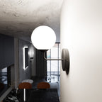Wandlamp gepoedercoat staal en glas, modern, zwart met witte melkglazen kap Ø 15 cm, E14, woonkamer, hal of slaapkamer