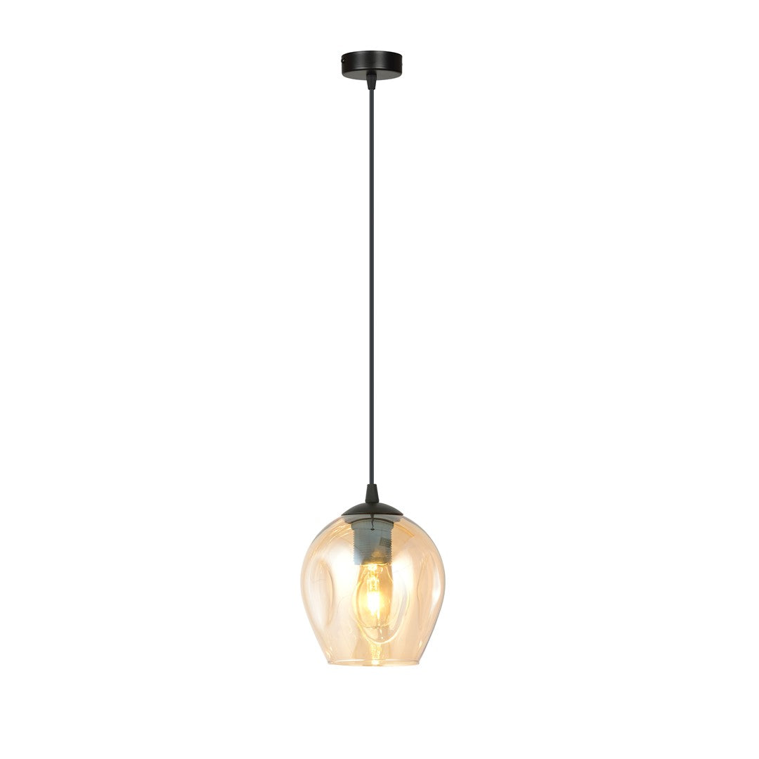 Hanglamp Istar gepoedercoat staal en glas, modern, zwart met amberkleurige kap Ø 14 cm, 1 lichtpunt E27