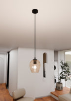 Hanglamp Istar gepoedercoat staal en glas, modern, zwart met amberkleurige kap Ø 14 cm, 1 lichtpunt E27