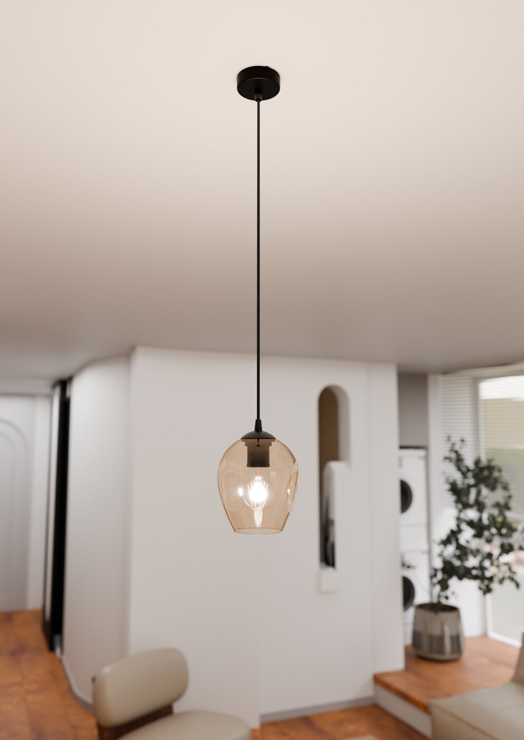 Hanglamp Istar gepoedercoat staal en glas, modern, zwart met amberkleurige kap Ø 14 cm, 1 lichtpunt E27