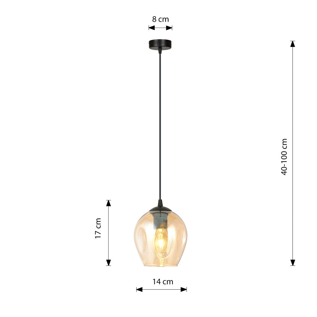 Hanglamp Istar gepoedercoat staal en glas, modern, zwart met amberkleurige kap Ø 14 cm, 1 lichtpunt E27