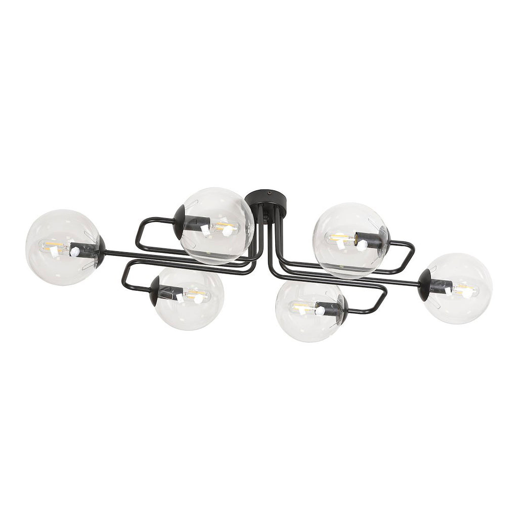Zwarte plafondlamp met zes armen en zes transparante glazen bollen met zichtbare lichtbronnen