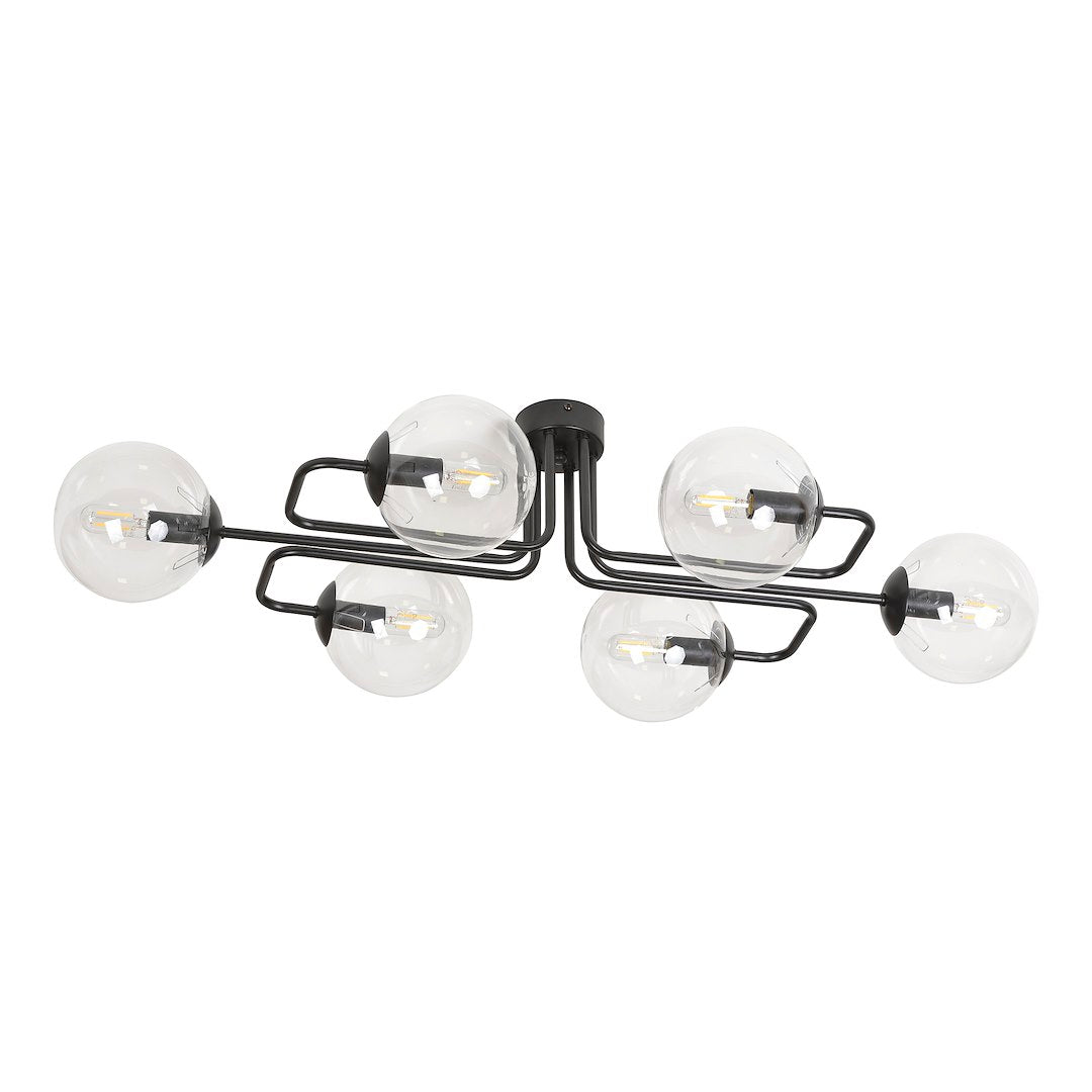 Zwarte plafondlamp met zes armen en zes transparante glazen bollen met zichtbare lichtbronnen
