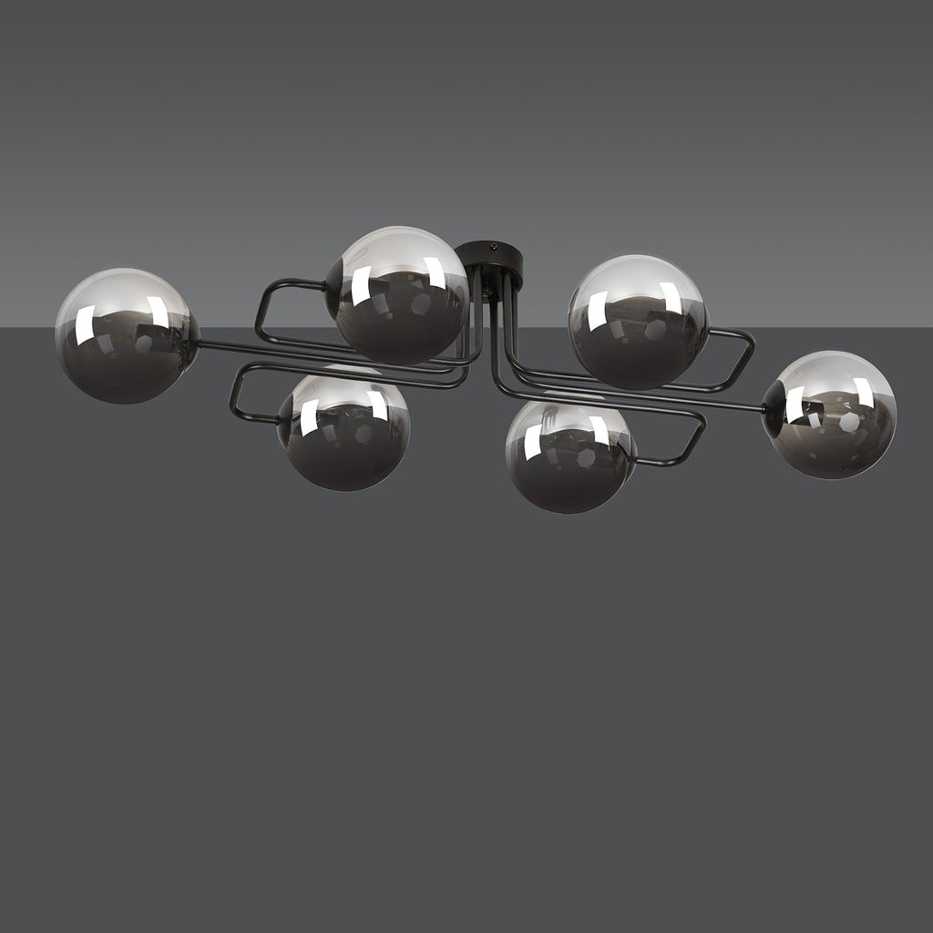 Plafondlamp staal Brendi zwart met grafiet glazen kappen, 93 x 50 x 32 cm, 6 lichts