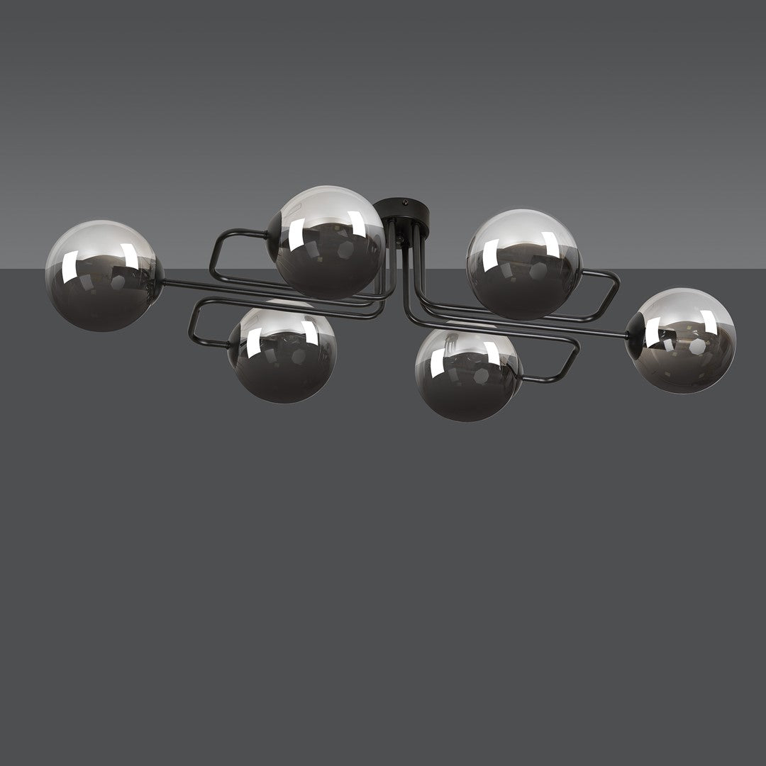 Plafondlamp staal Brendi zwart met grafiet glazen kappen, 93 x 50 x 32 cm, 6 lichts