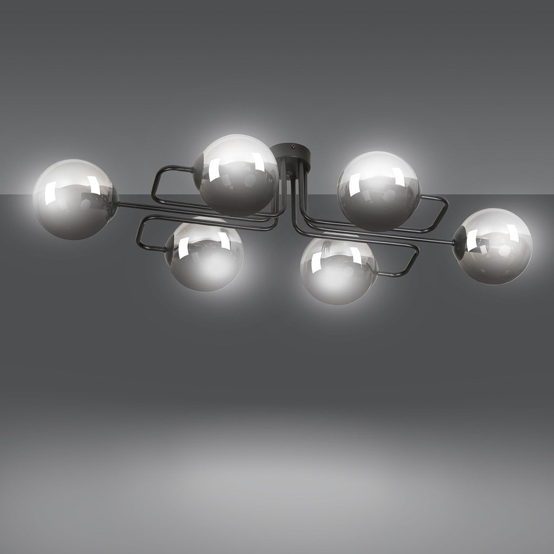 Plafondlamp staal Brendi zwart met grafiet glazen kappen, 93 x 50 x 32 cm, 6 lichts