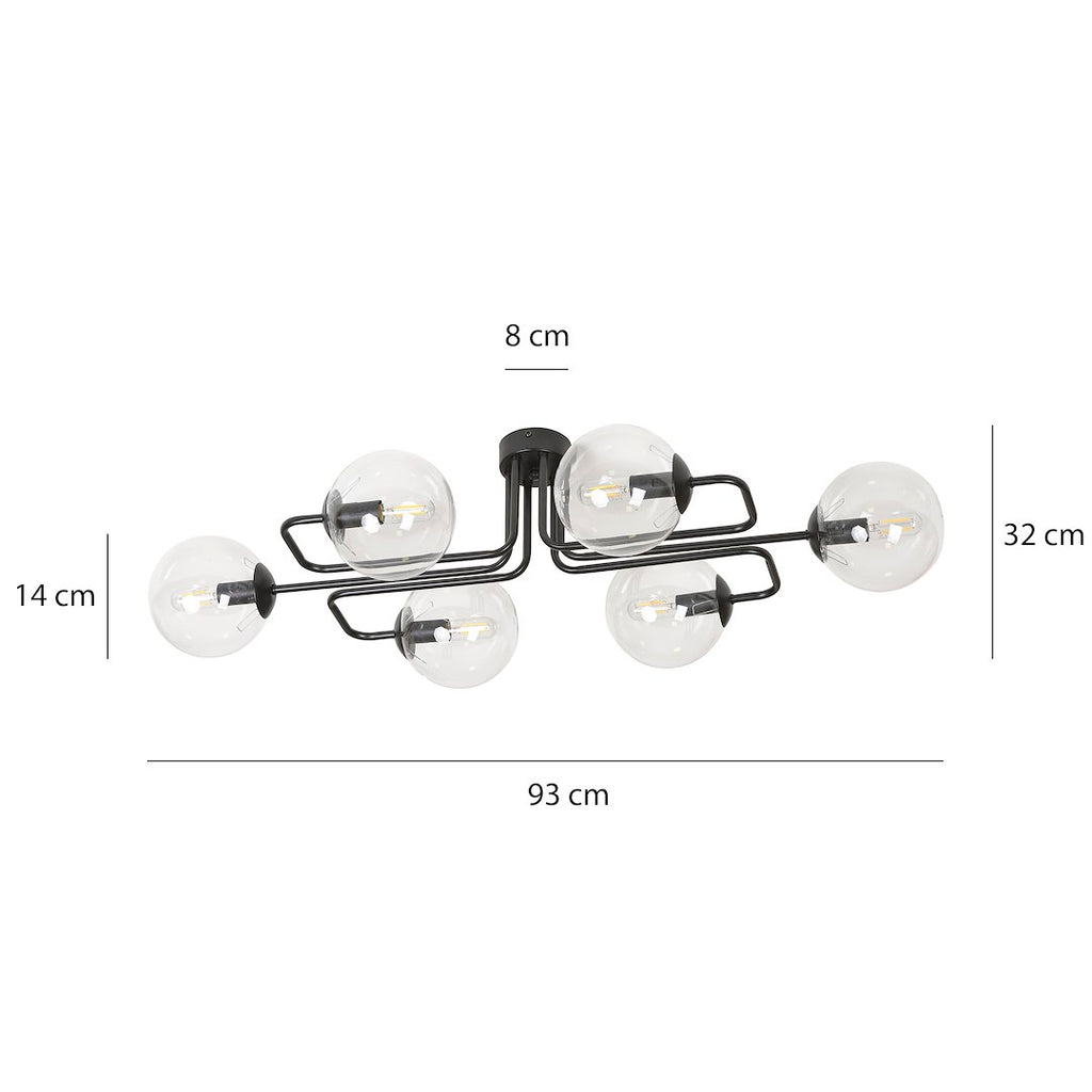 Plafondlamp gepoedercoat staal modern Brendi zwart, 6 lichts, transparant glas, 93 x 50 x 32 cm