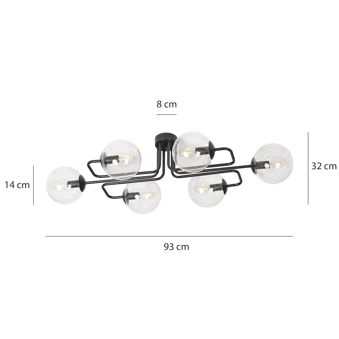 Plafondlamp gepoedercoat staal modern Brendi zwart, 6 lichts, transparant glas, 93 x 50 x 32 cm
