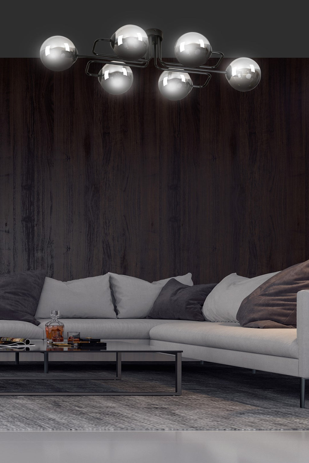 Plafondlamp staal Brendi zwart met grafiet glazen kappen, 93 x 50 x 32 cm, 6 lichts