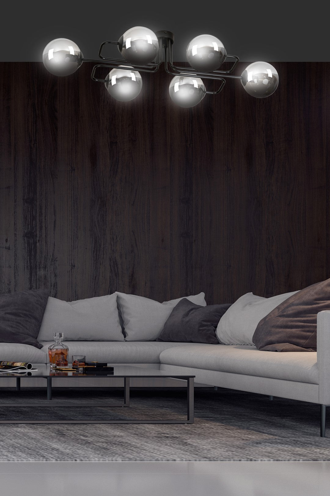 Plafondlamp staal Brendi zwart met grafiet glazen kappen, 93 x 50 x 32 cm, 6 lichts