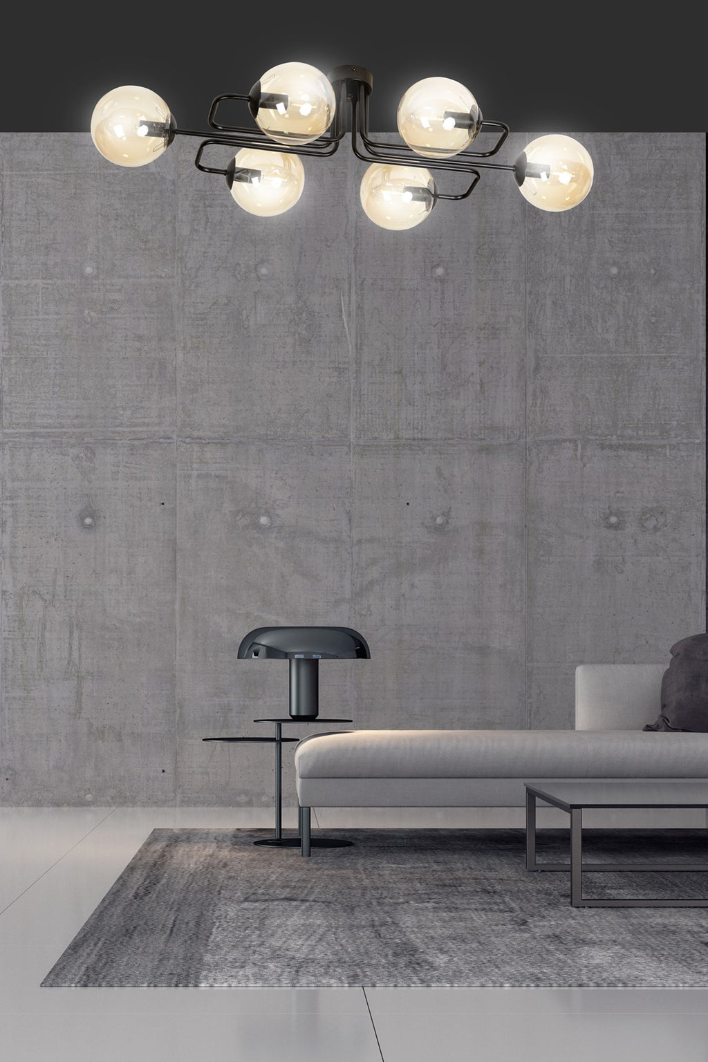 Plafondlamp Brendi gepoedercoat staal, modern, zwart met amberkleurig glas, 6 lichts, 93 x 50 x 32 cm
