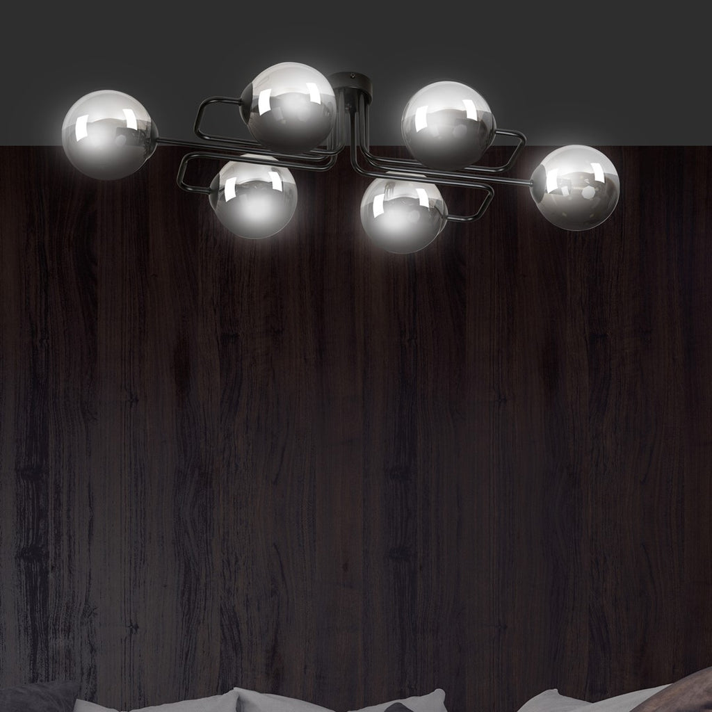 Plafondlamp staal Brendi zwart met grafiet glazen kappen, 93 x 50 x 32 cm, 6 lichts