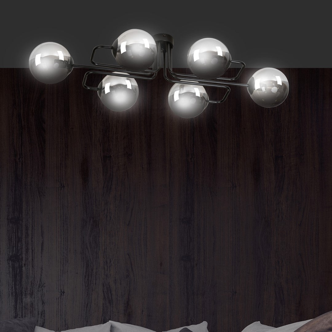 Plafondlamp staal Brendi zwart met grafiet glazen kappen, 93 x 50 x 32 cm, 6 lichts