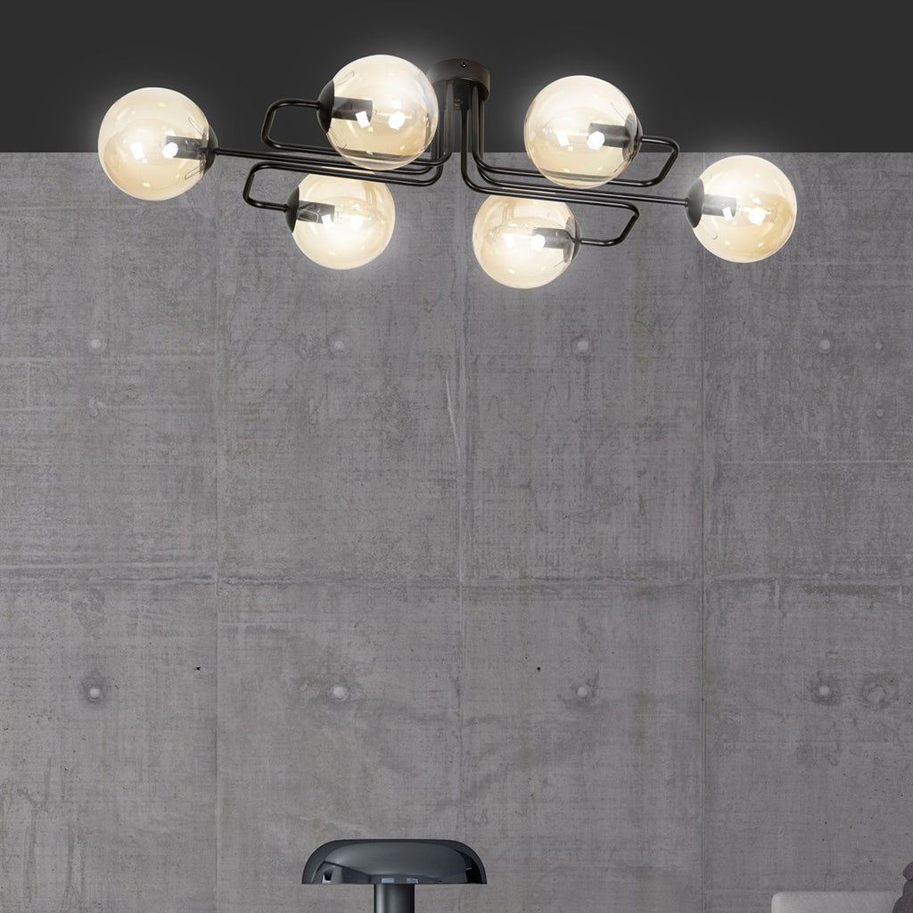 Plafondlamp Brendi gepoedercoat staal, modern, zwart met amberkleurig glas, 6 lichts, 93 x 50 x 32 cm
