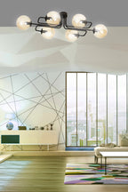 Plafondlamp Brendi gepoedercoat staal, modern, zwart met amberkleurig glas, 6 lichts, 93 x 50 x 32 cm