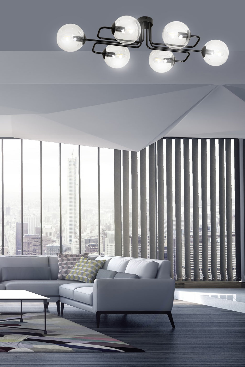 Plafondlamp gepoedercoat staal modern Brendi zwart, 6 lichts, transparant glas, 93 x 50 x 32 cm