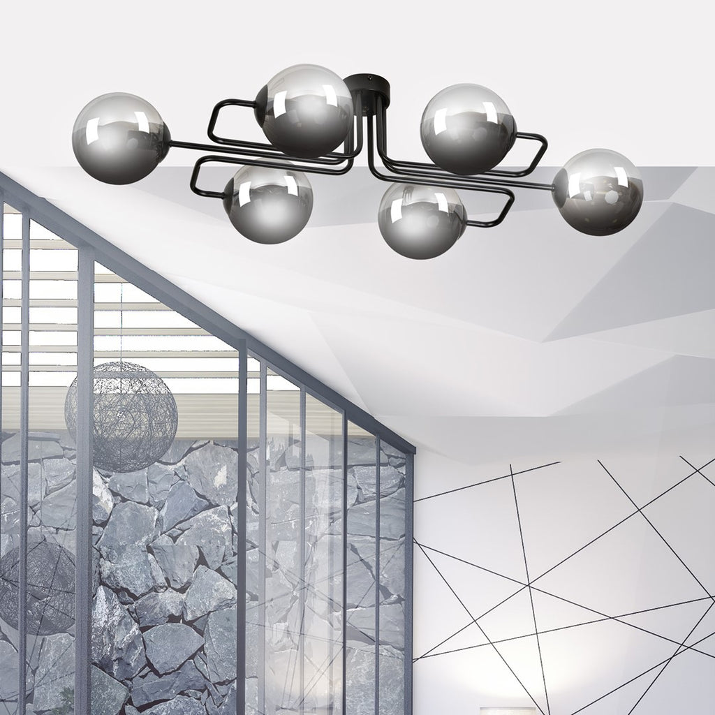 Plafondlamp staal Brendi zwart met grafiet glazen kappen, 93 x 50 x 32 cm, 6 lichts