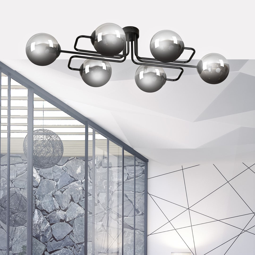 Plafondlamp staal Brendi zwart met grafiet glazen kappen, 93 x 50 x 32 cm, 6 lichts