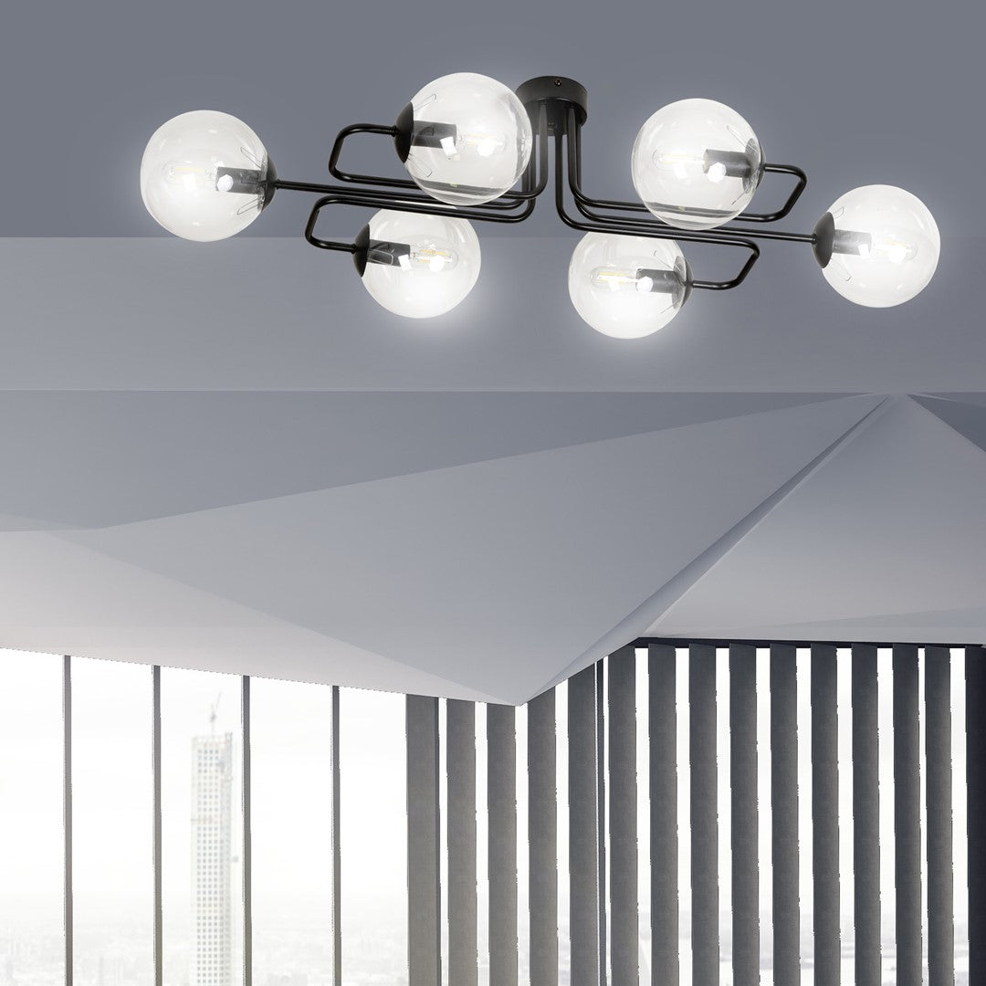 Plafondlamp gepoedercoat staal modern Brendi zwart, 6 lichts, transparant glas, 93 x 50 x 32 cm