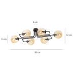 Plafondlamp Brendi gepoedercoat staal, modern, zwart met amberkleurig glas, 6 lichts, 93 x 50 x 32 cm