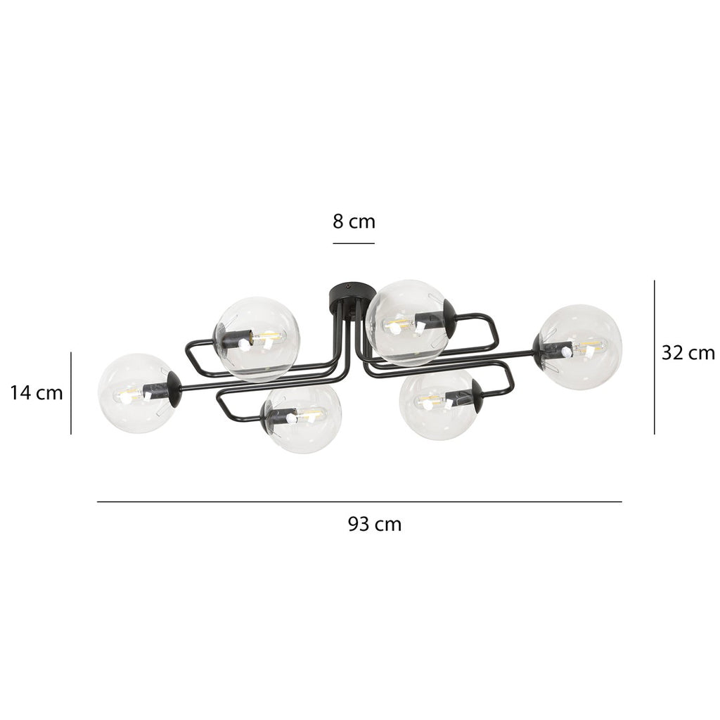 Plafondlamp gepoedercoat staal modern Brendi zwart, 6 lichts, transparant glas, 93 x 50 x 32 cm