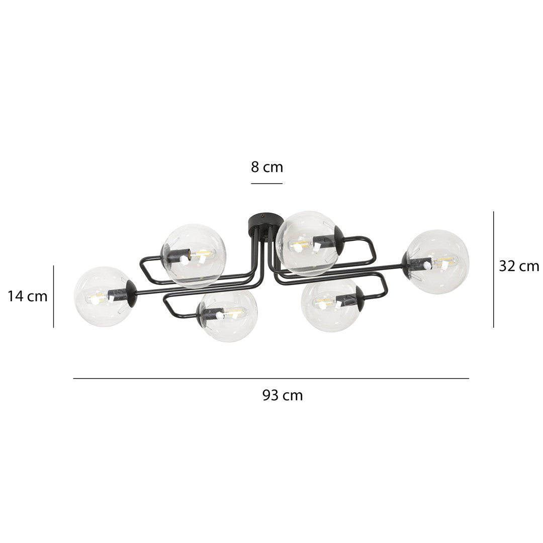 Plafondlamp gepoedercoat staal modern Brendi zwart, 6 lichts, transparant glas, 93 x 50 x 32 cm