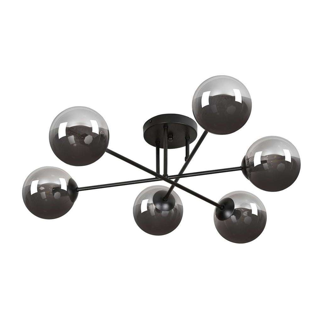 Zwarte plafondlamp met zes armen en ronde grafiet glazen kappen rond een rond plafondplaatje