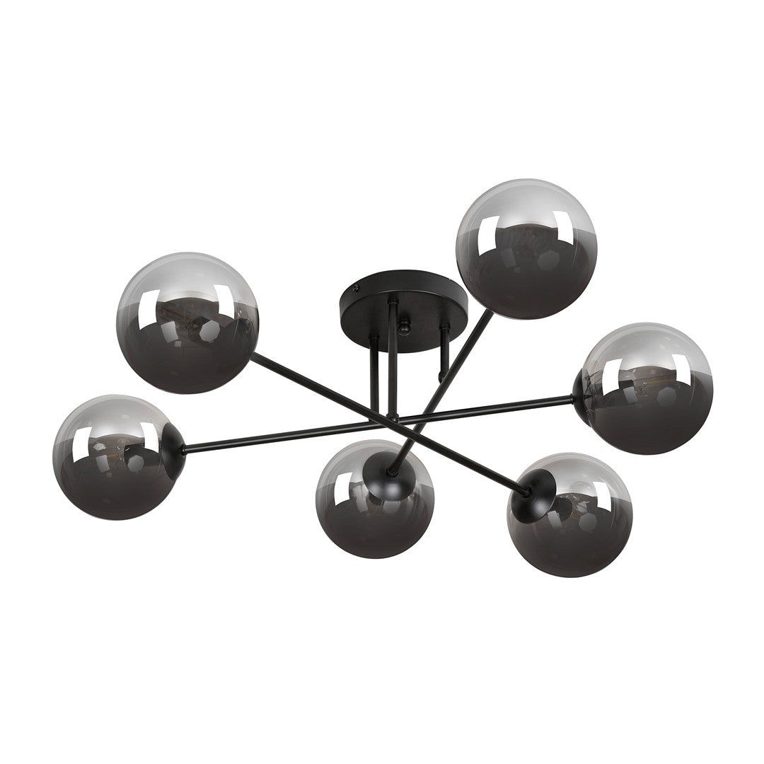 Zwarte plafondlamp met zes armen en ronde grafiet glazen kappen rond een rond plafondplaatje