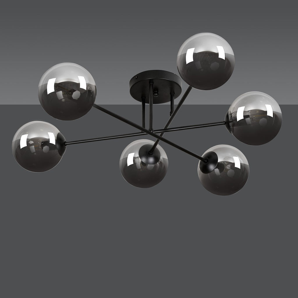 Plafondlamp gepoedercoat staal en glas Brendi, zwart met grafiet glazen kappen, 6 lichts, 93 cm breed