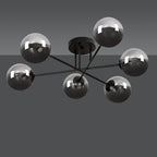 Plafondlamp gepoedercoat staal en glas Brendi, zwart met grafiet glazen kappen, 6 lichts, 93 cm breed