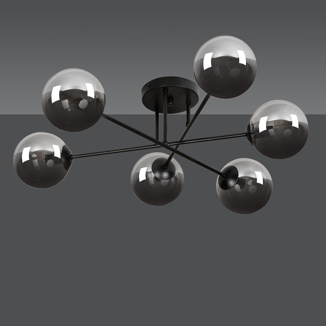 Plafondlamp gepoedercoat staal en glas Brendi, zwart met grafiet glazen kappen, 6 lichts, 93 cm breed