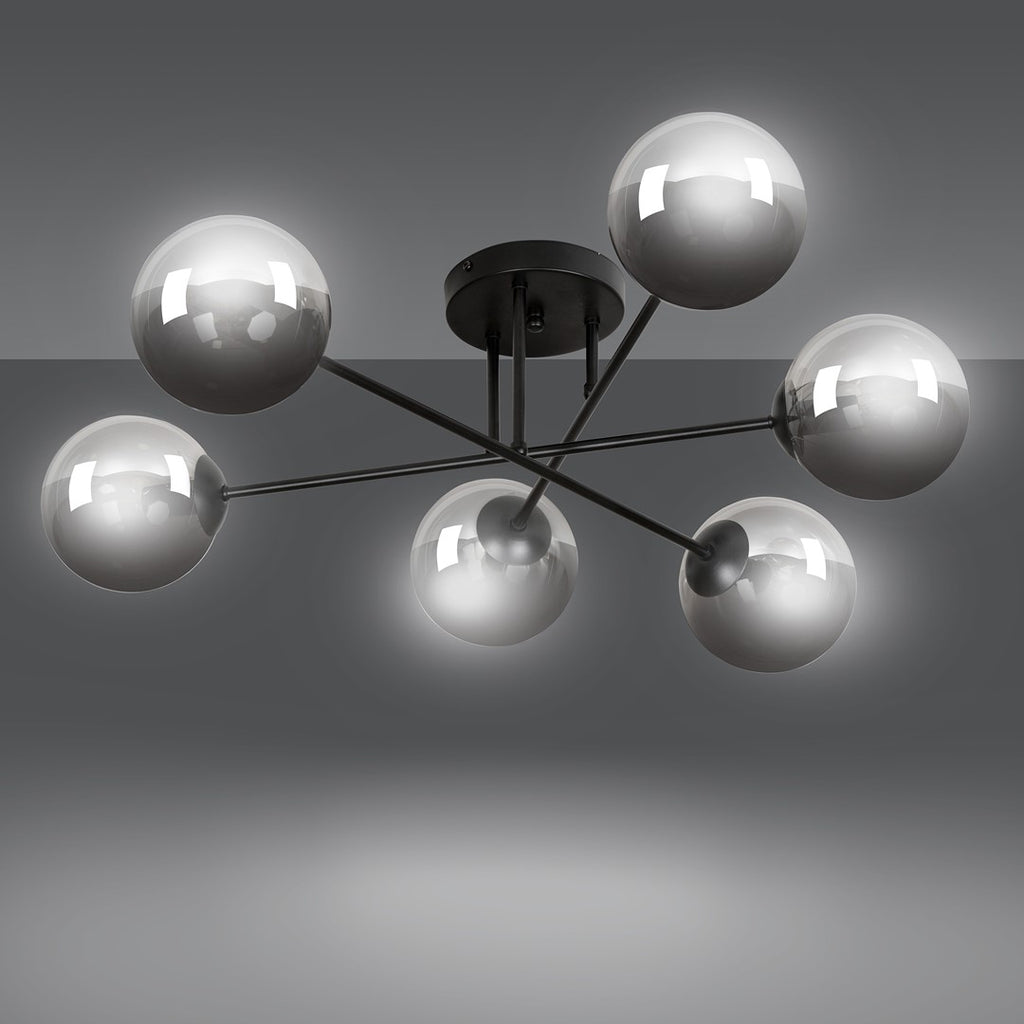 Plafondlamp gepoedercoat staal en glas Brendi, zwart met grafiet glazen kappen, 6 lichts, 93 cm breed