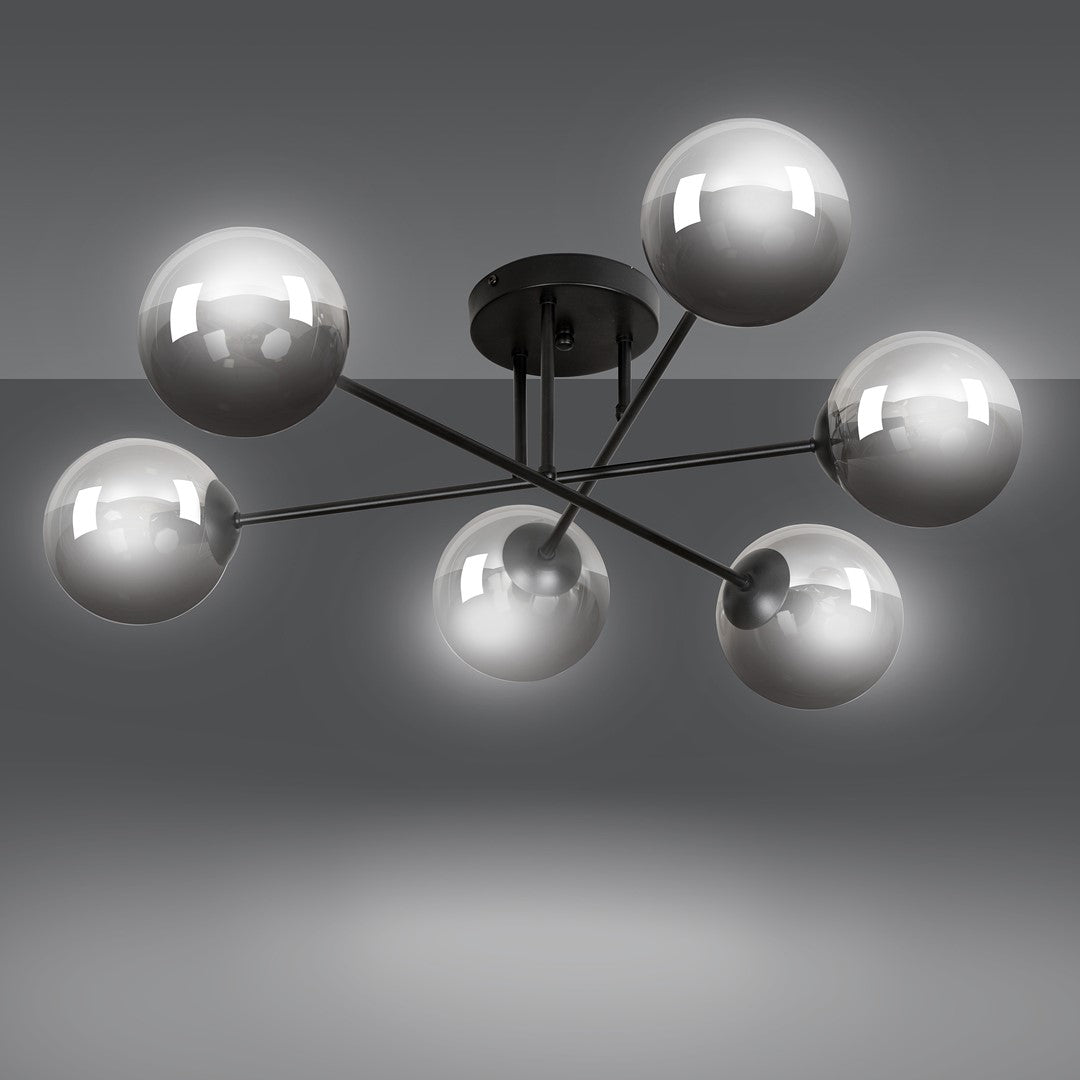 Plafondlamp gepoedercoat staal en glas Brendi, zwart met grafiet glazen kappen, 6 lichts, 93 cm breed