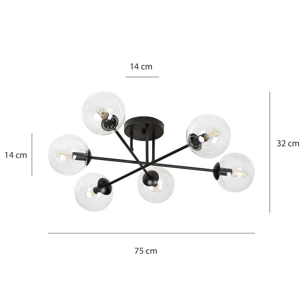 Plafondlamp staal en glas Brendi zwart met transparante glazen kappen, 6 lichtpunten, 75 x 26 cm
