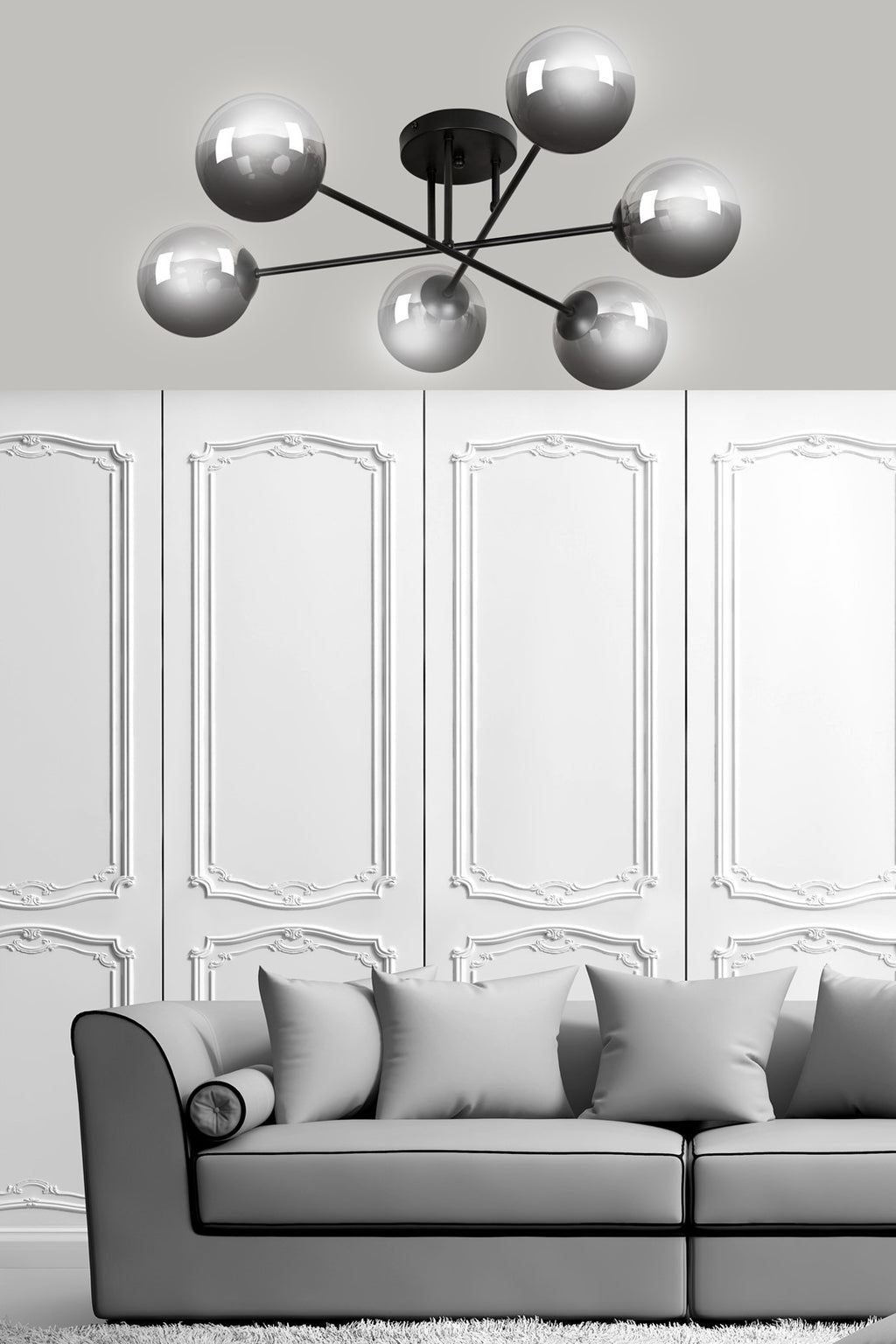 Plafondlamp gepoedercoat staal en glas Brendi, zwart met grafiet glazen kappen, 6 lichts, 93 cm breed