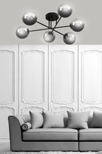 Plafondlamp gepoedercoat staal en glas Brendi, zwart met grafiet glazen kappen, 6 lichts, 93 cm breed