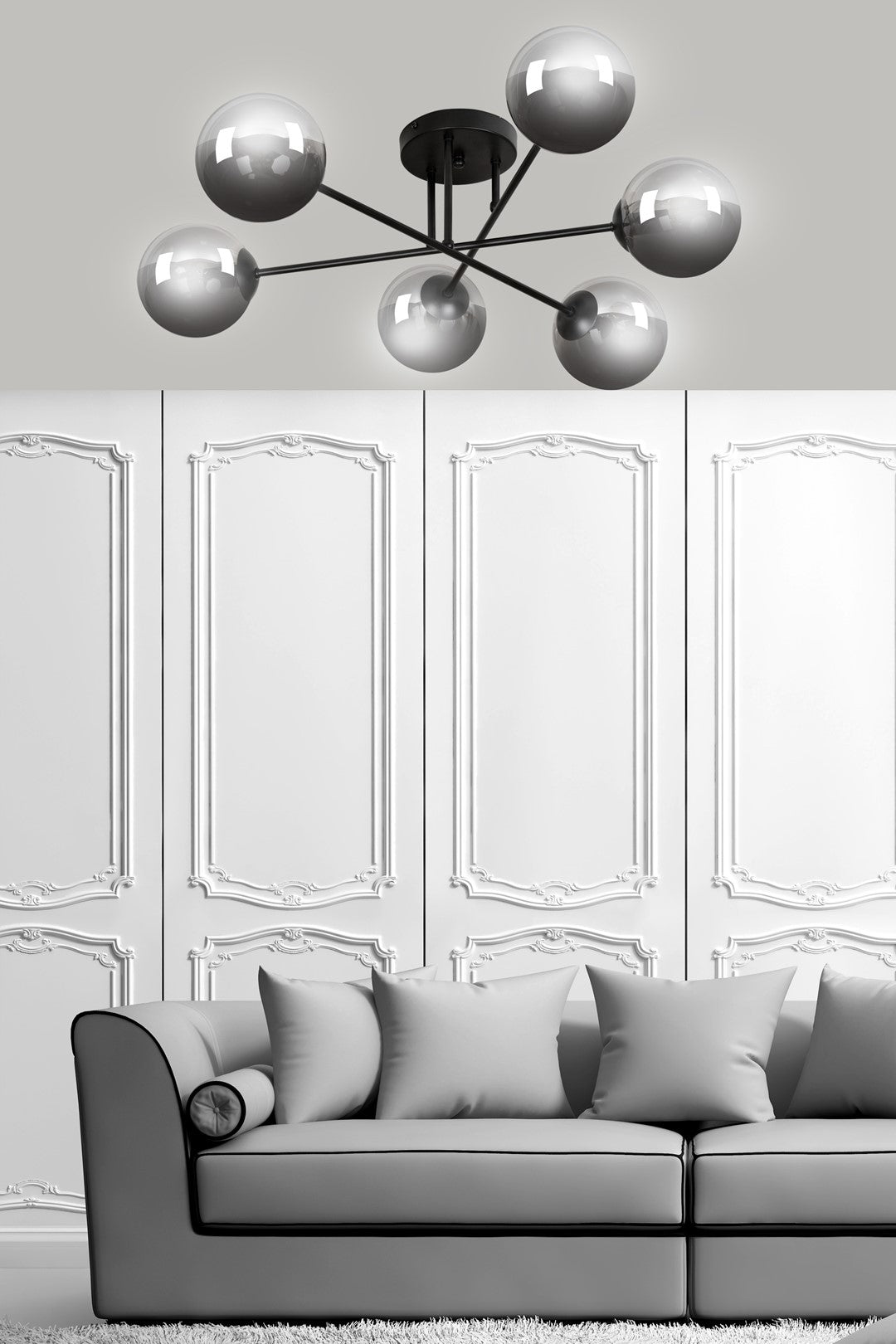 Plafondlamp gepoedercoat staal en glas Brendi, zwart met grafiet glazen kappen, 6 lichts, 93 cm breed