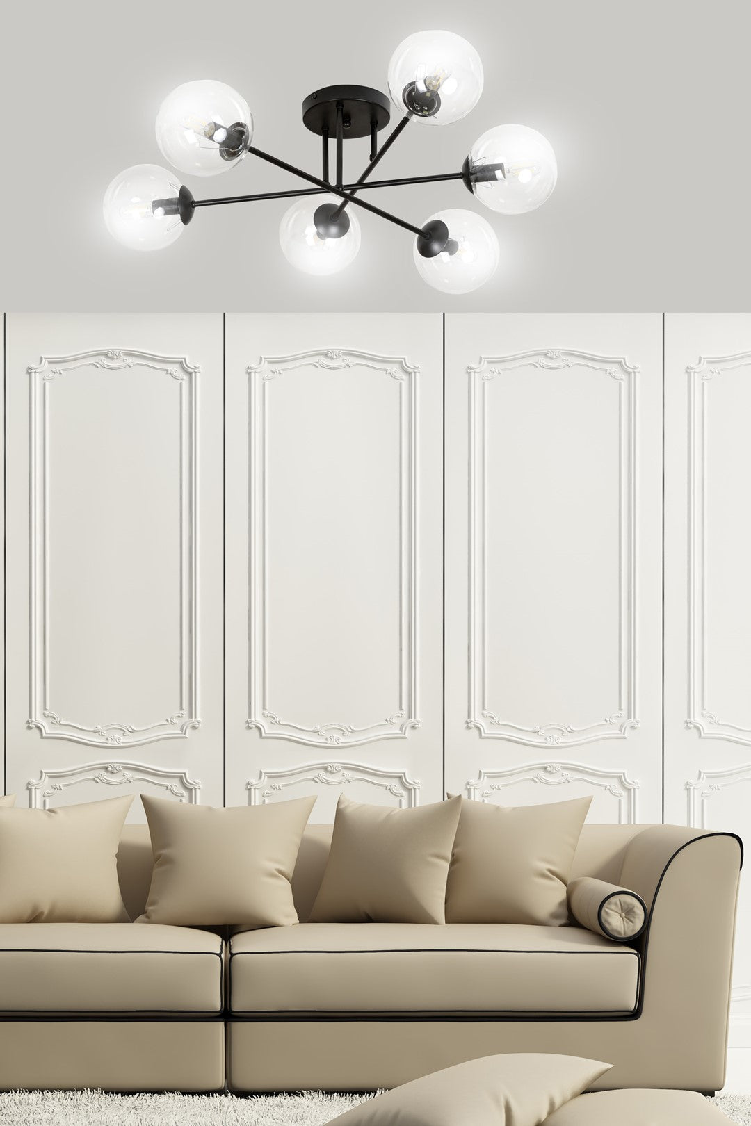 Plafondlamp staal en glas Brendi zwart met transparante glazen kappen, 6 lichtpunten, 75 x 26 cm