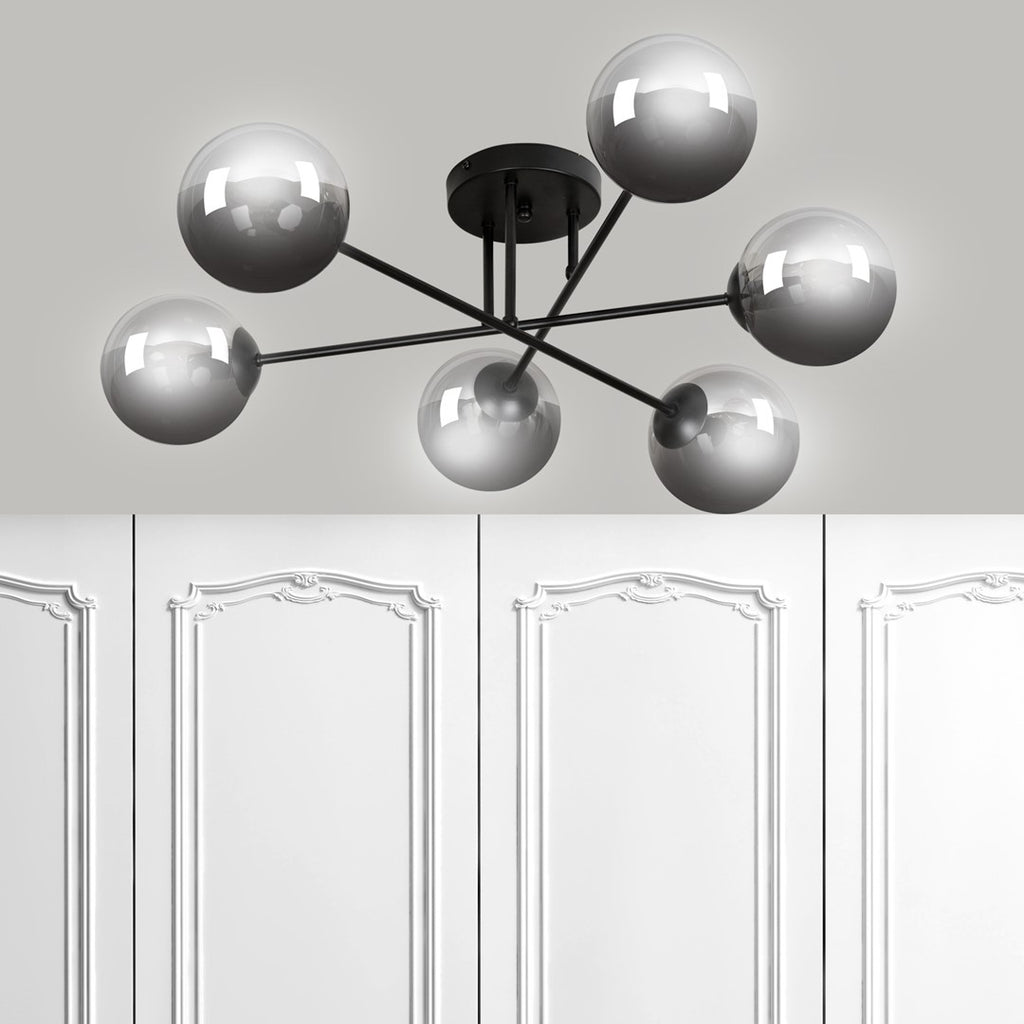 Plafondlamp gepoedercoat staal en glas Brendi, zwart met grafiet glazen kappen, 6 lichts, 93 cm breed
