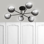Plafondlamp gepoedercoat staal en glas Brendi, zwart met grafiet glazen kappen, 6 lichts, 93 cm breed