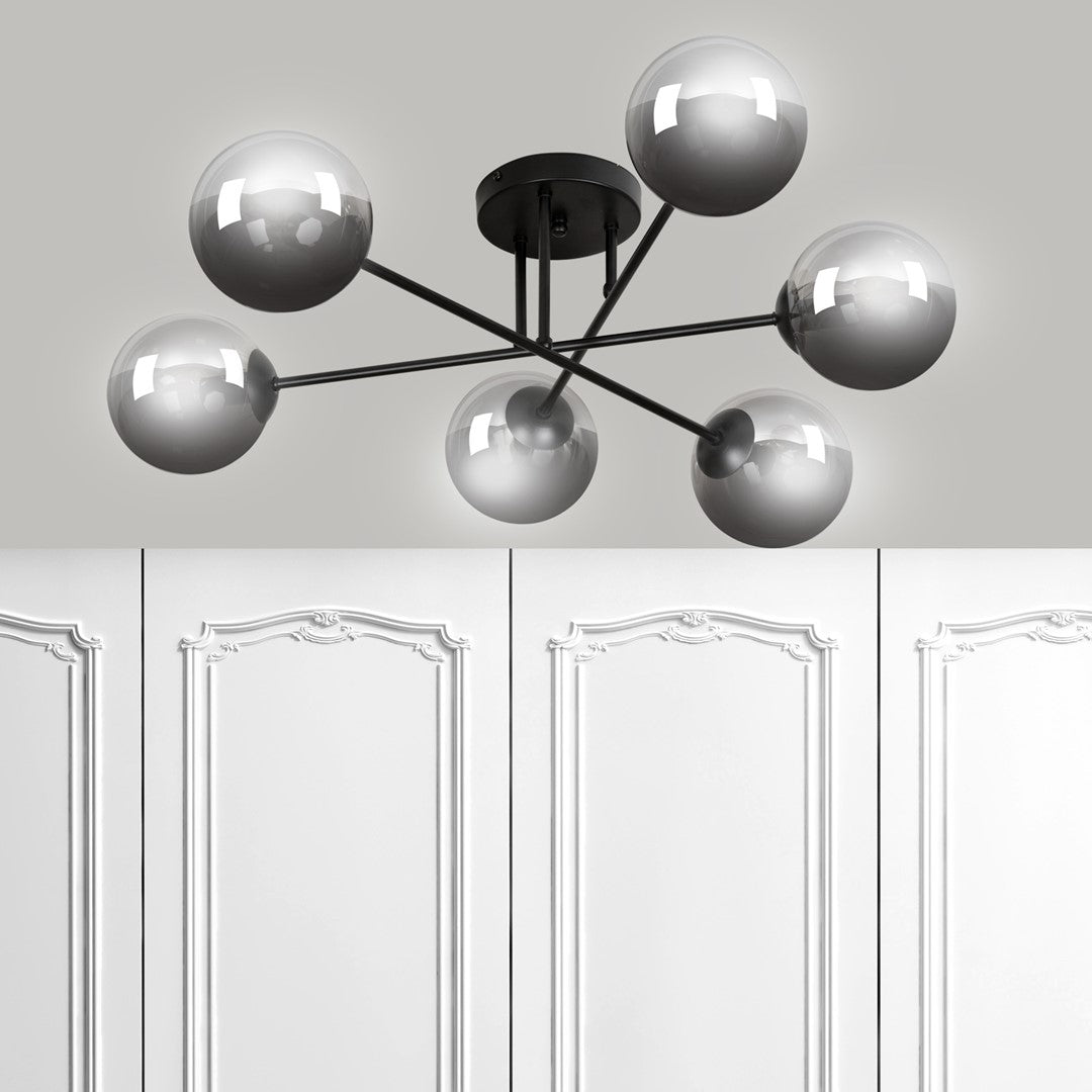 Plafondlamp gepoedercoat staal en glas Brendi, zwart met grafiet glazen kappen, 6 lichts, 93 cm breed