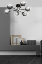 Plafondlamp gepoedercoat staal en glas Brendi, zwart met grafiet glazen kappen, 6 lichts, 93 cm breed