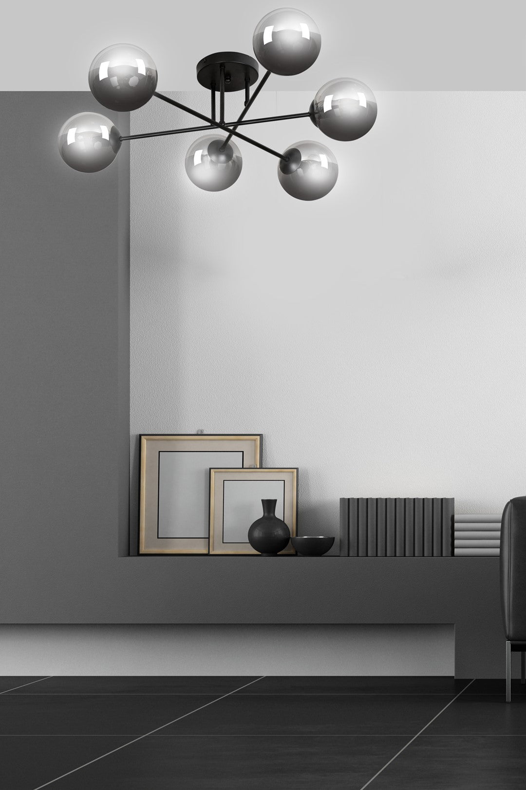 Plafondlamp gepoedercoat staal en glas Brendi, zwart met grafiet glazen kappen, 6 lichts, 93 cm breed