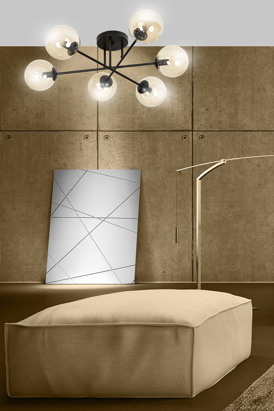Plafondlamp gepoedercoat staal en glas Brendi, zwart met amberkleurige glazen kappen, 6 lichts, 75 cm breed