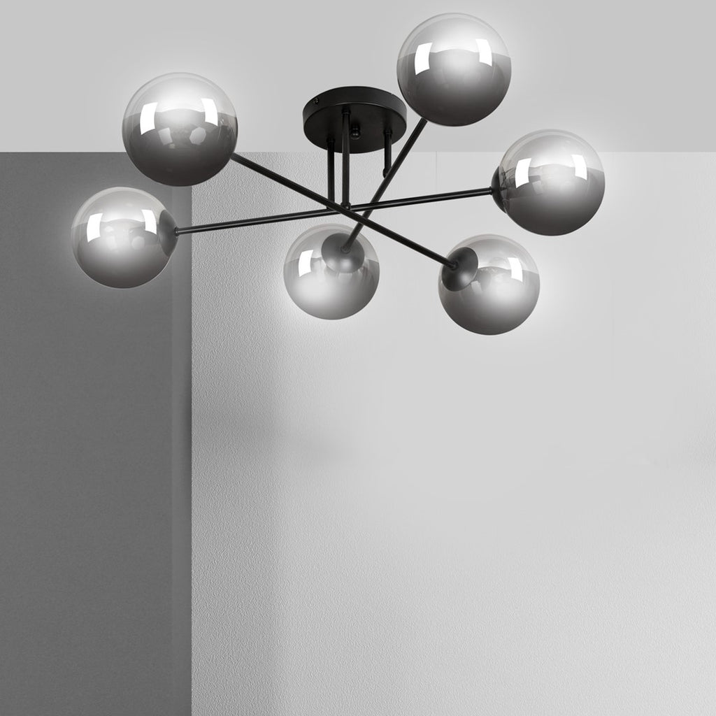 Plafondlamp gepoedercoat staal en glas Brendi, zwart met grafiet glazen kappen, 6 lichts, 93 cm breed