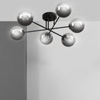 Plafondlamp gepoedercoat staal en glas Brendi, zwart met grafiet glazen kappen, 6 lichts, 93 cm breed