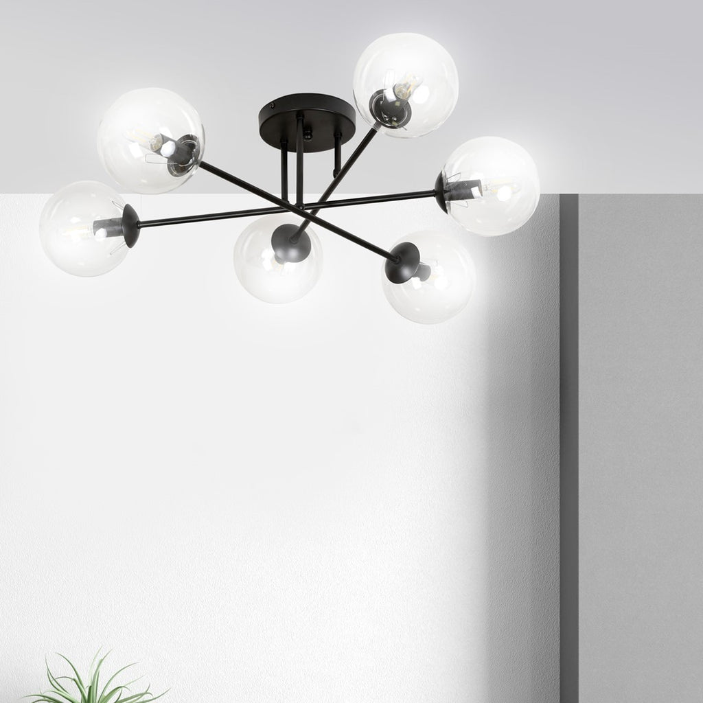Plafondlamp staal en glas Brendi zwart met transparante glazen kappen, 6 lichtpunten, 75 x 26 cm
